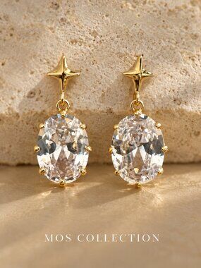 18k Gold Oval CZ Crystal Star Drop Dangle Statement MOS Collection